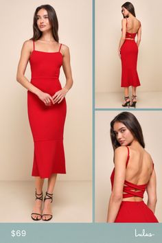 Everyone loves a look that'll make them stunning in an instant, and that's why you'll love the Lulus Divine Perfection Red Strappy Sleeveless Trumpet Midi Dress! Stretchy crepe knit shapes this sultry dress that features a sleeveless darted bodice, a straight neckline, and adjustable spaghetti straps. The fitted waist tops a figure-flaunting bodycon skirt that cascades down to a tiered, trumpet midi hem. Strappy detailing crisscrosses atop the open back for an extra eye-catching finish. Hidden b Red Fitted Dress With Strappy Back, Red Fitted Strappy Dress, Red Sleeveless Strapped Dress, Red Sleeveless Dress With Straps, Red Sleeveless Midi Dress For Brunch, Sultry Dress, Bodycon Skirt, Tiered Midi Dress, Straight Neckline