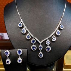 Stunning! Just one word! Stunning! 20.22 total carat weight Blue Sapphire & Diamonds in 18K solid white gold necklace & earrings set! With 16 pieces of CLEAN, sparkling Ceylon Blue Sapphires. Surrounded by 310 pieces of F/VS, natural diamonds, weighting a total of 7.81 carats, handcrafted in TIMELESSLY BEAUTIFUL, and exquisite 18K WHITE GOLD NECKLACE AND EARRINGS! Special! Jewelry from direct manufacturer at wholesale price! SUGGESTED RETAIL VALUE: $38,900   BLUE SAPPHIRES: Necklace: 12 Natural Chandelier, Gold Handmade Necklace, Handmade Gold Necklace, Ceylon Blue Sapphire, Golden South Sea Pearls, Blue Sapphire Diamond, Earrings Pendant, Vs Diamond, White Gold Necklaces