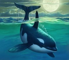 two orca whales swimming in the ocean under a full moon