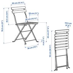 a drawing of a folding chair and table with measurements for the seat height, from top to bottom