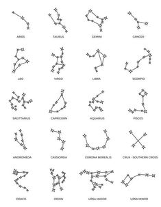 an image of the zodiac signs and their corresponding names in black ink on a white background