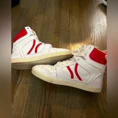 Celine Women’s High Top Sneakers. Leather White And Red Gently Used Leather Sneakers. Sneakers Celine, Celine Women, Celine Shoes, White And Red, Leather Sneakers, Womens Shoes Sneakers, High Top, Top Sneakers, High Top Sneakers