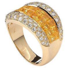 Ring in 18kt yellow gold set with yellow square cut sapphires 3.74 cts and diamonds 0.99 cts Size 53 Diamond Gold Ring, Gold Sapphire Ring, Contemporary Ring, Yellow Gold Setting, Domed Ring, Diamond Gold, Square Cut, Gold Diamond Rings, Gold Set