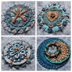 four pictures of different designs made with felt and bead work, including an ornament