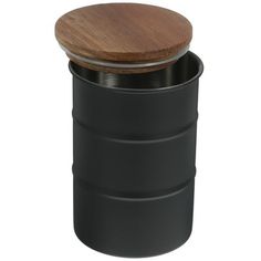 a black canister with a wooden lid on the side and a metal container underneath it