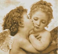 a woman kissing a small child with wings on her chest in sepia photograph print