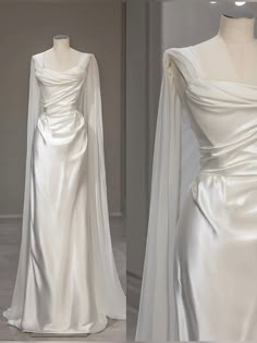 the back and side of a white wedding dress with long sleeves, draped over it