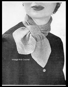 This knitted scarf pattern is officially termed an ascot. It secures at the neck through a looped closure. It's warm and attractive. This one has added glitz with metallic threads. #Fleishers #VintageKnitCrochet #KnittedScarfPattern Neck Scarf Pattern, Knitted Scarf Pattern, Ascot Scarf, Scarf Design, Neck Scarf, Scarf Pattern