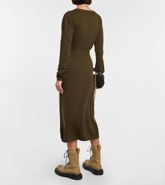 Wool and cashmere wrap dress in green - Jardin Des Orangers | Mytheresa Winter Cashmere Midi Dress, Fitted Cashmere Midi Dress, Fall Workwear V-neck Wrap Dress, Winter V-neck Midi Dress For Workwear, Fall V-neck Wrap Dress For Work, Chic Cashmere Fall Dress, Chic Cashmere Midi Dress, Chic Cashmere Dress For Fall, Fall Midi Wrap Dress For Work