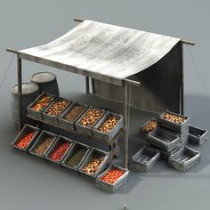 an outdoor food stand with several trays and containers on the ground next to it