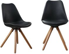 two black chairs with wooden legs on white background