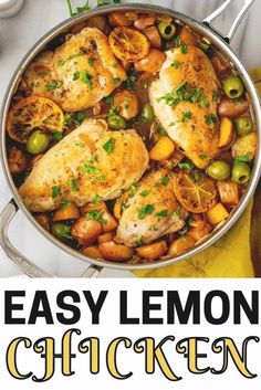 easy lemon chicken with potatoes and olives in a pan