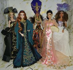 four dolls are posed in different outfits