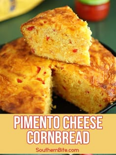 two cornbreads stacked on top of each other with text overlay that reads, pimentoo cheese cornbread