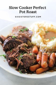 a white plate topped with meat, potatoes and carrots