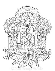 a coloring page with candles and christmas decorations