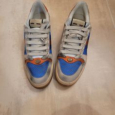 Never Worn Gucci Screeners Comes With Box Blue Gucci Lace-up Sneakers, Gucci Blue Leather Sneakers, Gucci Blue Round Toe Sneakers, Blue Gucci Sneakers With Branded Insole, Blue Gucci Sneakers With Round Toe, Blue Lace-up Gucci Sneakers, Blue Gucci Low-top Sneakers, Blue Low-top Gucci Sneakers, Designer Blue Gucci Sneakers