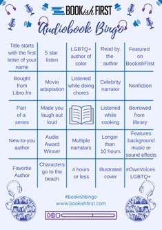 the book club's guide to reading and listening with audiobook bingos on it