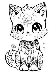 a cute little cat with big eyes sitting down on the ground coloring pages for kids