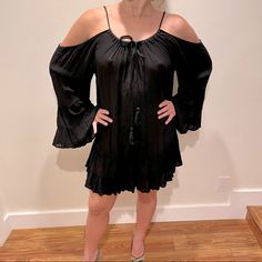 Boho Soul Black Cold Shoulder Dress Bell Sleeve, Neck Tie Detailing 100% Rayon Black Mini Dress For Beach In Fall, Black Cold Shoulder Summer Dress, Off-shoulder Black Mini Dress For Beach, Black Off-shoulder Mini Dress For Beach, Black Off-shoulder Beach Mini Dress, Black Cold Shoulder Dress For Night Out, Black Cold Shoulder Mini Dress For Date Night, Black Off-shoulder Mini Dress For Vacation, Black Fall Vacation Dresses