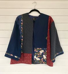 Blue Relaxed Fit Patchwork Outerwear, Casual Indigo Patchwork Outerwear, Blue Cotton Outerwear With Kimono Sleeves, Indigo Cotton Patchwork Outerwear, Indigo Clothing, Designed Clothes, Collage Prints, Simple Sweater, Wearable Art Clothing