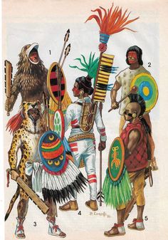 an illustration of native american men in costume and masks with feathers on their head, standing next to each other