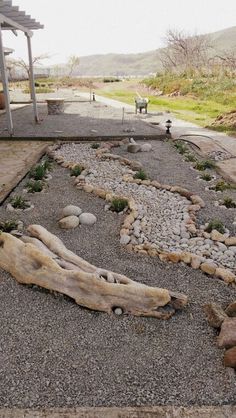 an outdoor area with rocks and plants in the center, along with a bench on the other side