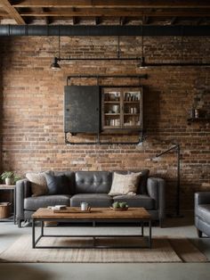 an industrial living room with brick walls and exposed beams, leather couches and coffee table