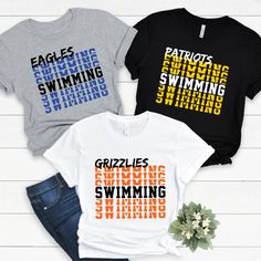 three t - shirts with the words grizzles swimming and swimming on them