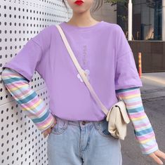 Free Shipping~|| Daisy Flower Embroidery Pastel Purple Rainbow Stripe Sleeve Layered T-shirt Pastel Purple Clothes, Cute Outfits Purple, Pastel Casual Outfit, Light Purple Outfit, Purple Shirt Outfit, Daisy Flower Embroidery, Harajuku Outfit, Spongebob The Musical, Boogzel Apparel