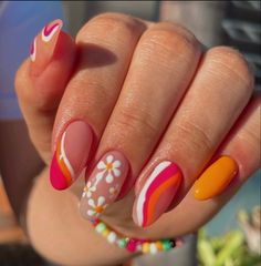 Summer Almond Gel X Nails- Pink and Orange Flower Nails 🌼- Trendy Nails- Almond Nails- Abstract Nails Summer Nails Pink Orange Yellow, Nail Art Designs Pink And Orange, Pink Nails With Orange Flowers, Orange And Pink Nail Designs Summer, Pretty Nails Orange, Abstract Flower Nails, Pink And Orange Nails Almond, Pink Groovy Nails, Brazil Nails Design