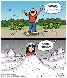 a comic strip with an image of a woman standing on top of snow and the caption spring at last