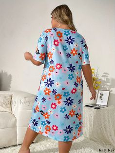 Katykey - Womens Plus Size Sophisticated Nightdress: Floral Print Short Sleeve Round Neck Sleep Dress with High Smooth Stretch Night Dresses, Floral Printing, Sleep Dress, Floral Print Shorts, Collar Dress, Night Dress, Collar Styles, Round Neck, Floral Print