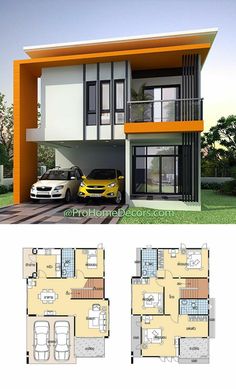 two story house plan with three cars parked in the garage and one bedroom on the second floor