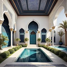 an indoor swimming pool in the middle of a building with palm trees and potted plants