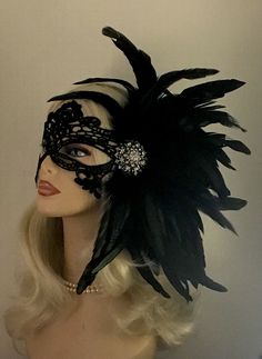 "Black Lace Masquerade Mask with Feathers, Masked Ball, Women's Lace Mask, Wedding Masquerade Masks, Bridal Wedding Mask Beware of cheap imitations that use glue! This is an original design by IceGreenEyes. Stiffened and lace mask will not sweat your face like the cheap plastic ones. The mask is also shaped so you have lots of room around the eyes instead of a skinny slice. These masks are hand stitched, not held together with sticky glue that will heat up and fall apart before the night is over Crow Witch, Halloween Hunt, Wedding Masquerade, Mask With Feathers, Fall Festival Outfit, Lace Masquerade Mask, Beautiful Masks, Lace Masquerade Masks, Bright Glowing Skin