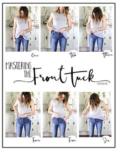 Types Of Tucks Fashion, Front Tucked Shirt, How To Tuck The Front Of Your Shirt In, How To Tuck In A Shirt Thats Too Big, Half Tucked Sweater, How To Style Mom Pooch, Half Tucked Shirt How To, Shirt Front Tuck, How To Front Tuck A Sweater