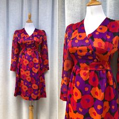 lightweight fabrics (polyester?) purple, red, black and orange floral dress, body and skirt fully lined, long sheer sleeves, lightly padded shoulders, fabric wrapped buttons details at waist, back zipper closure. Fits size small. Very good vintage condition, this dress is coming from the estate of a seamstress from Easton PA, so it may have been a custom dress, one of a kind. Measurements (flat): Shoulder to shoulder: 14.5'' Armpit to armpit : 17'' Waist: 13'' Skirt length: 24'' Shoulder to hem Large Floral Print Dress, Easton Pa, Purple Wrap Dress, Purple Wrap, Orange Floral Dress, Large Floral Print, Custom Dress, 80s Dress, Vintage Style Dresses