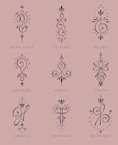 six different types of logos with the names of each type in black and white on a pink background