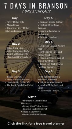 the 7 days in branon flyer with an image of a ferris wheel at sunset