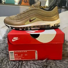 Air Max 97 Og Qs 'Metallic Gold Brand New Sneakers!! Size 11 Gold Sneakers With Air Cushioning For Sports, Casual Gold Sneakers With Air Max Cushioning, Gold Sneakers With Air Max Cushioning For Streetwear, Gold Casual Sneakers With Air Max Cushioning, Nike Gold Sneakers With Cushioned Footbed, Gold Leather Nike Custom Sneakers, Gold Air Max Sneakers For Streetwear, Nike Air Max 97 Reflective, Nike Air Max 97 Leopard