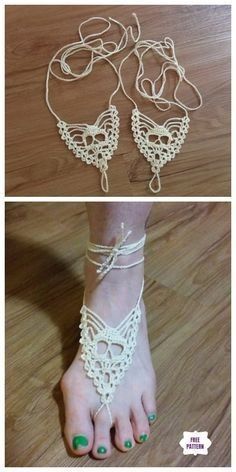 two pictures showing different types of barefoot sandals and foot jewelry on the floor, one with green nail polish