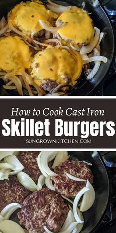 Cook burgers in your cast iron skillet with caramelized onions and melty cheese Cast Iron Skillet Recipes Beef, Hamburger On Cast Iron Skillet, Hamburgers On Cast Iron Skillet, Cheeseburgers In Cast Iron Skillet, Dinner Recipes Cast Iron Skillet, Hamburger Recipes Skillet, Smash Burger In Cast Iron, Burgers In Cast Iron Skillet In Oven, Hamburger Cast Iron Skillet