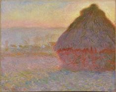 a painting of a straw bale in pastel colors with the sun setting behind it