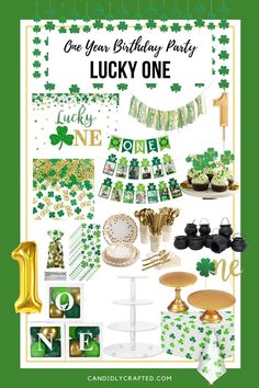 Mood board showing decoration ideas for a Lucky One themed first birthday party. March 1st Birthday Ideas Girl, Green And Gold Decorations, Lucky One Birthday Party, St Patricks Theme, Grandmas Birthday, Simple First Birthday, First Birthday Ideas, Irish Birthday