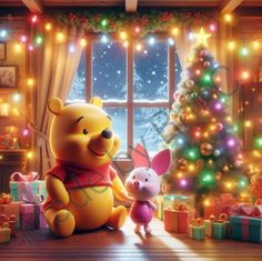 winnie the pooh and piglet in front of a christmas tree