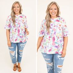 This top will be on rewind in your closet! The ivory color makes the multi-floral pattern pop and the ruffle on the waist and sleeves is so cute! We love the babydoll style that will look so good on every body type! Style this with skinnies and sandals for the perfect look!
63% Polyester, 33% Rayon, 4% Spandex White Printed Flutter Sleeve Tops, White Printed Tops With Flutter Sleeves, Floral Print Short Sleeve Peplum Top For Spring, Feminine Floral Print Peplum Top, Cute White Blouse With Floral Print, White Blouse With Floral Print And Ruffle Sleeves, White Short Sleeve Peplum Top For Spring, Casual Floral Print Peplum Top With Short Sleeves, White Floral Print Flutter Sleeve Blouse