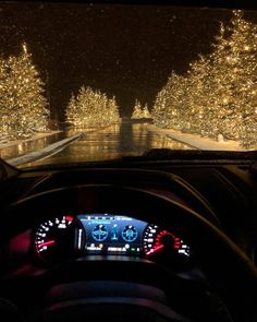 the dashboard of a car with christmas lights on it's sides and trees in the background