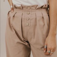 New With Tags!! Medium Tan Khaki Color Pleated Stretchy Waist With Decor Button Slightly Cropped Basic Pants, Jumpsuit Trousers, Khaki Color, Wide Leg Trousers, Black Pants, Pant Jumpsuit, Wide Leg, Pants For Women, Trousers