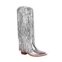 GOOSHOE Pointed Wood Grain Thick Heel Sequin Fabric Tassel Patchwork Smooth Microfiber Knee Boots Blue-34 Silver Cowgirl Boots, Wide Calf Cowgirl Boots, Silver Cowgirl, High Cowboy Boots, Ivory Heels Wedding, Fringe Cowboy Boots, Cute Cowgirl Boots, Navy Wedding Shoes, Flat Sandals Wedding